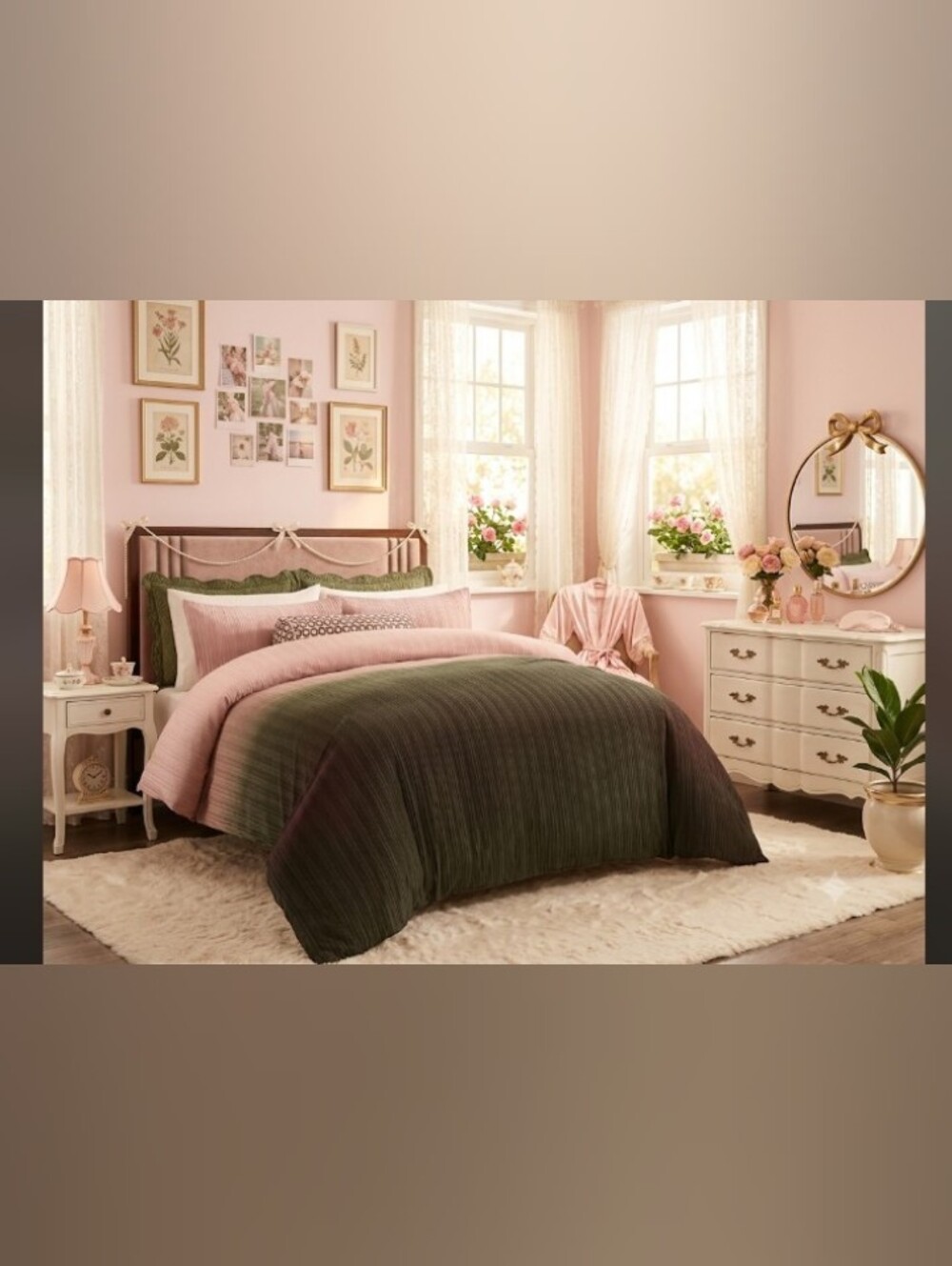 Shabby Chic Comforter Crushed Velvet Ombre Blush Pink Moss Green Set New Queen